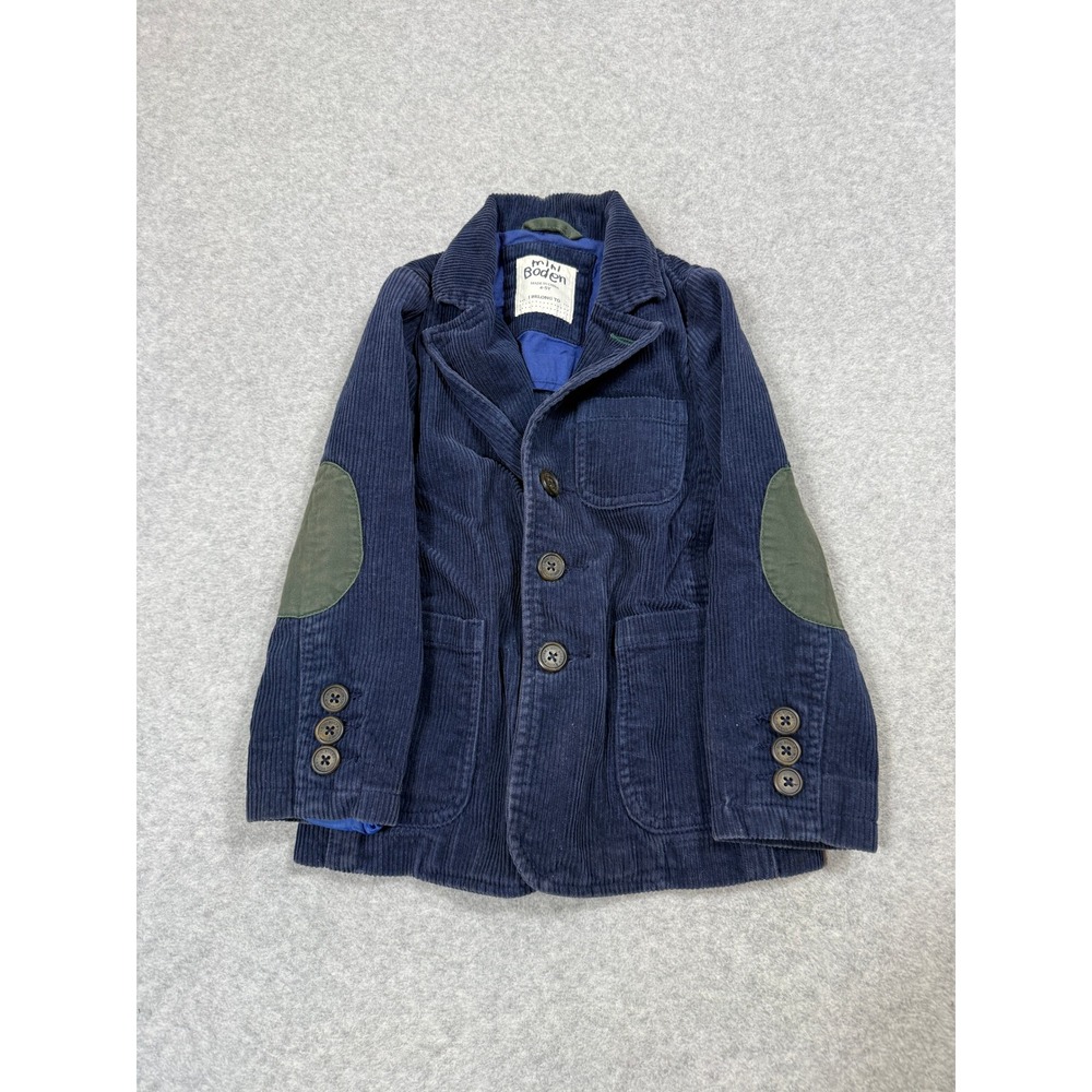Mini Boden Boys Navy Blue Corduroy Blazer Olive Elbow Patches Size 4-5Y